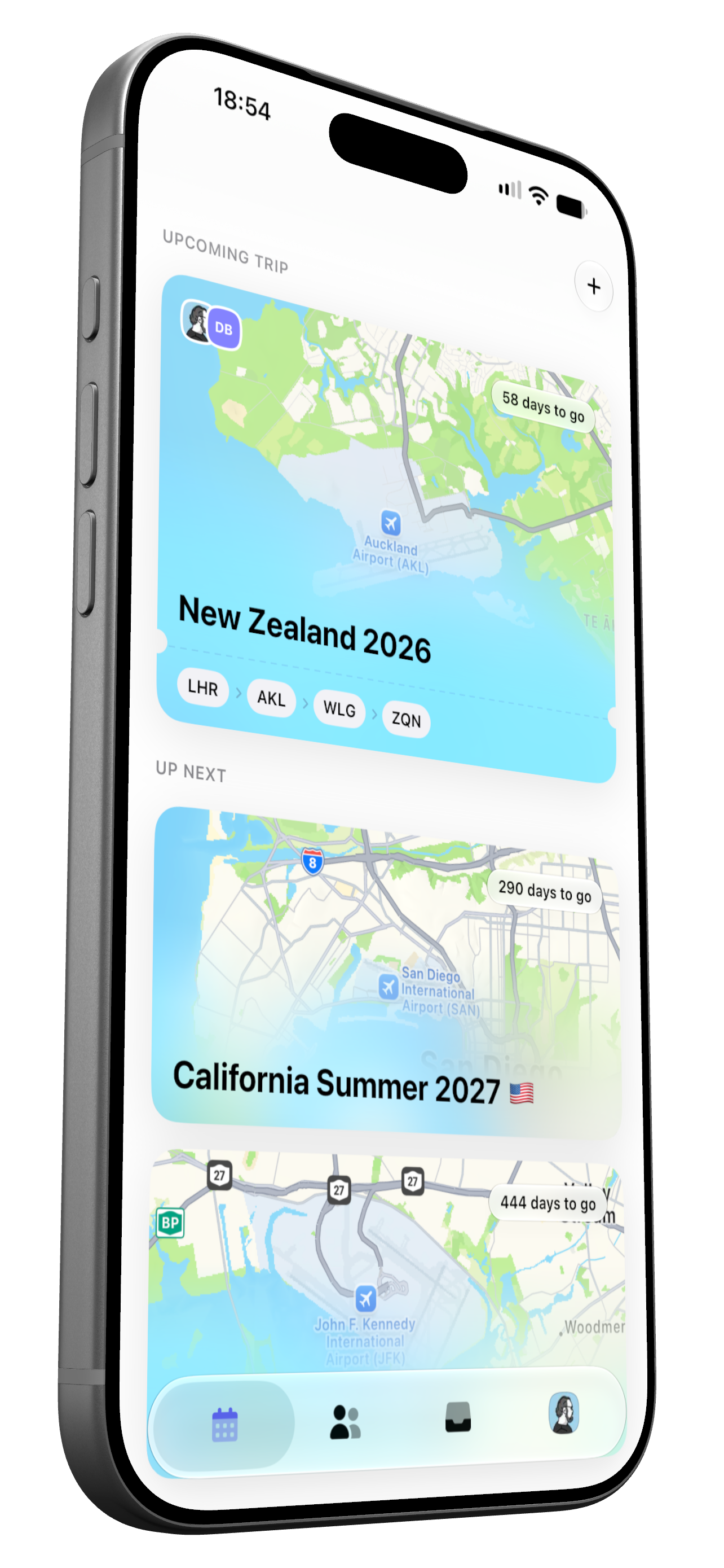 Teara on iPhone showing upcoming trips